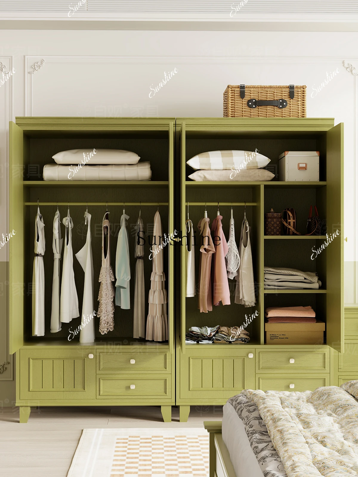 Green light luxury solid wood wardrobe bedroom simple retro style clothing storage cabinet  FT