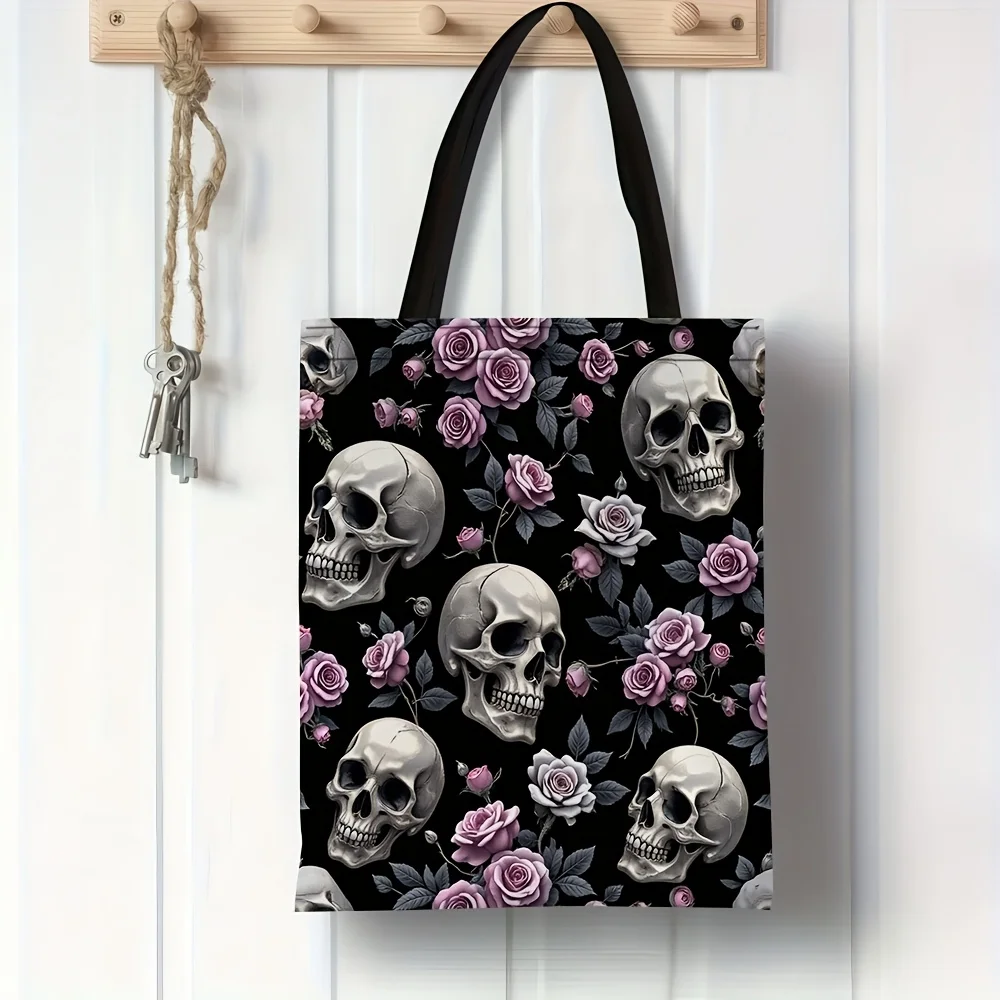 1pc Gothic Rose Floral Skull Tote Bag Stylish Reusable Shoulder Handbag For Shopping Black With Pink Roses White Skulls