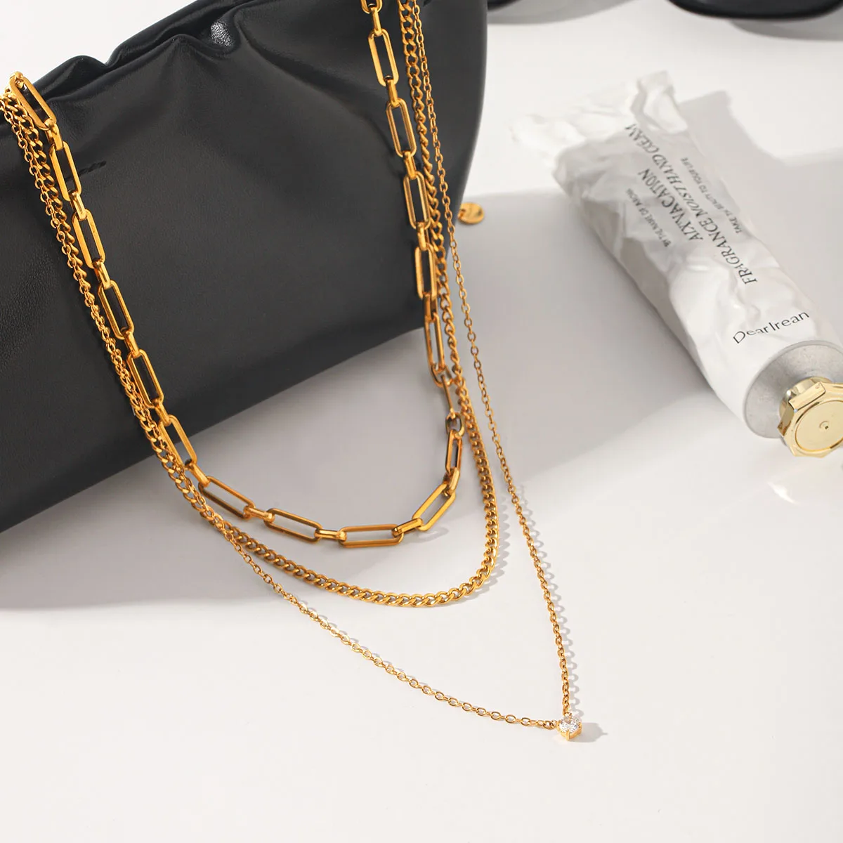 Mehrschichtige Gliederkette Halskette 18K Vergoldet Edelstahl Damen Minimalistisch Wasserdicht Anlaufbeständig Tägliches Collier Acero – Detail 7