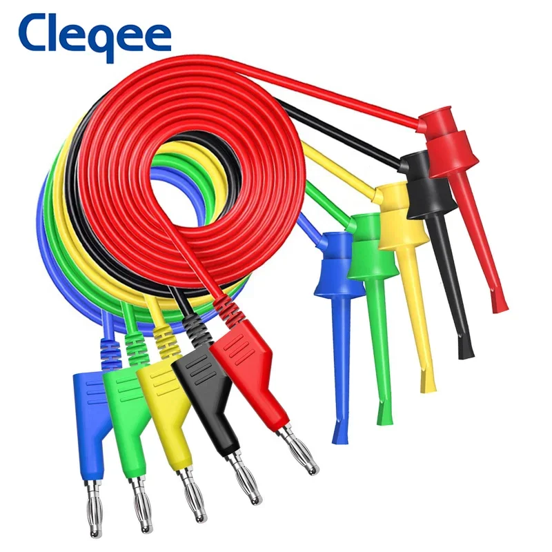 Cleqee P1045 5pcs Test Hook Clips to 4mm Stackable Banana Plug Test Leads Mini Grabber Cables Multimeter Copper 100cm Wire