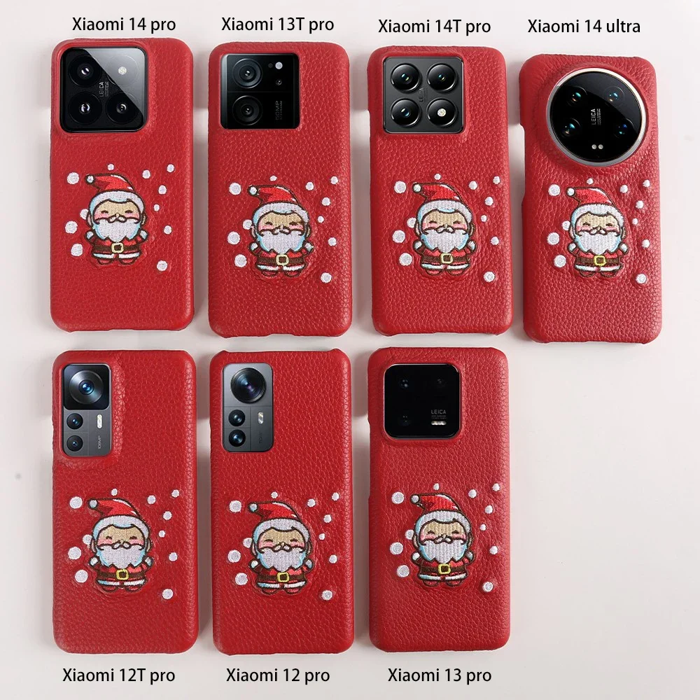 Christmas Santa Claus Embroidered Genuine Leather Phone Case ForXiaomi 14T Pro 14pro 13T 13 12 14ultra Shockproof Funda Carcasa