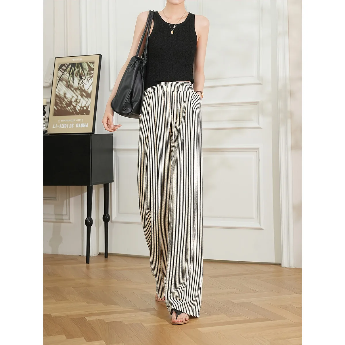 LOUIS YAO Women Casual Long Pants Contrast Color Striped Casual Trousers Loose Fit Straight Wide Leg Pants