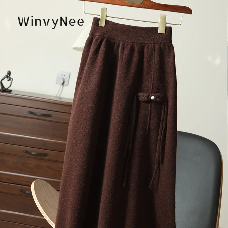 WinvyNee Women Midi Skirt Pure Wool Elastic Waist Tassel Pocket Decor Soft Knitted Commuter Outfit Daily Wear Apparel ZE1853007
