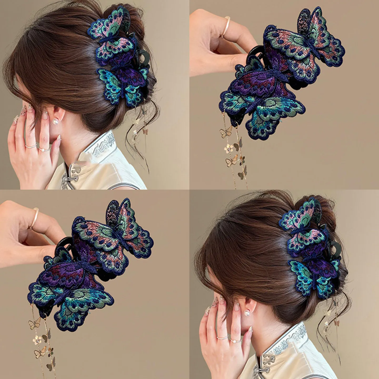 New Chinese Style Blue Embroidery Butterfly Hair Claws Women's Purple Long Flower Tassel Shark Clips Retro Cheongsam Headwear M view 3