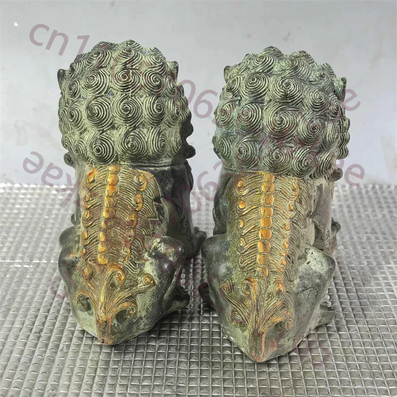 Folk Collection Old Bronze Gilded Pair of Lions Statue - Chinese Unearthed Copper Artifacts collection