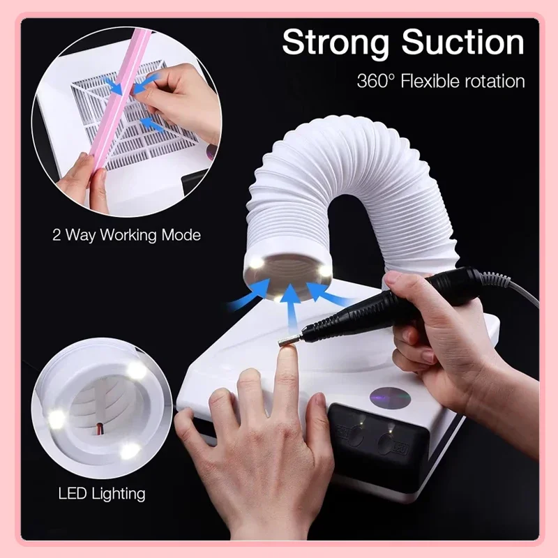 

60W Nail Dust Collector Double Use Retractable Elbow Design Nail Dust Extractor Fan with Tube - Nail Vacuum Cleaner