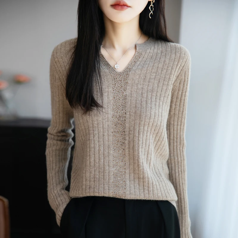 Jersey con cuello de tijeras para mujer, ropa nueva de otoño/invierno, Top de manga larga tejido de lana con proceso de diamante caliente de 100%