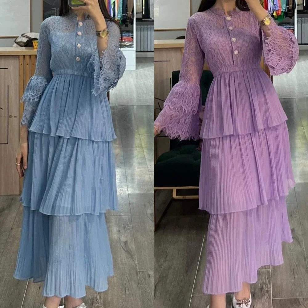 Vestido Midi de gasa drapeado con volantes escalonados para cumpleaños, vestido de ocasión a medida con cuello redondo