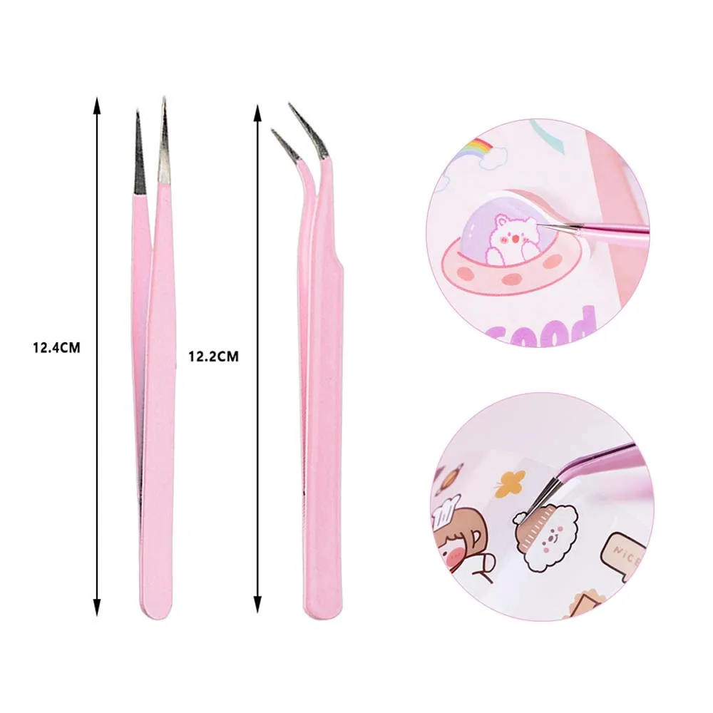 1/2PC Stainless Steel Pink Straight+Bend Tweezer For Eyelash Extension Anti-static Eyelash Eyebrow Tweezer Nail Art Picking Tool