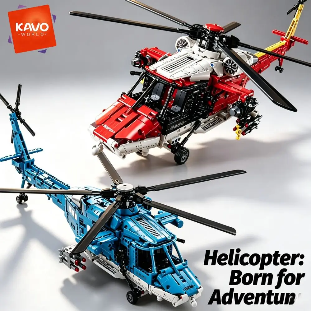KAVOWORLD Large SAR Rescue Helicopter Building Blocks Set Armed Military Aircraft Construction Bricks Model Kit Search Rescue Chopper Emergency Air Ambulance Puzzle Toy Manual Rotating Rotor Winch Hook Blue/Red Christmas Birthday Gift for Adults Teens Men