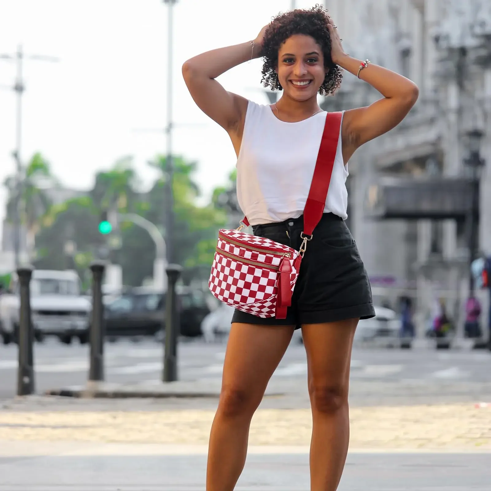 Pure Colour Crossbody Bum Bags for Women Spacious Checkered Cross body Bag Nylon Trendy Fanny Pack for Travel