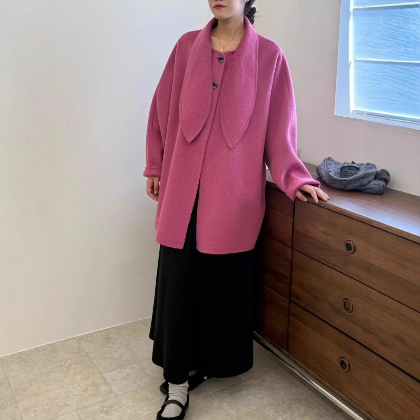 Cappotto da donna in cashmere di lana double face caldo e sciolto con collo di coniglio (Defying dell'età coreano, best seller per taglie piccole)