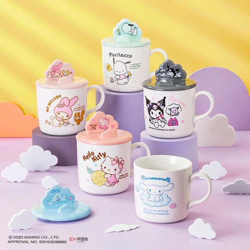 

Керамическая чашка для воды Hello Kitty с крышкой, керамическая чашка Sanrio, практичная милая мультяшная чашка Cinnamoroll для девочек, детское общежитие Sanrio