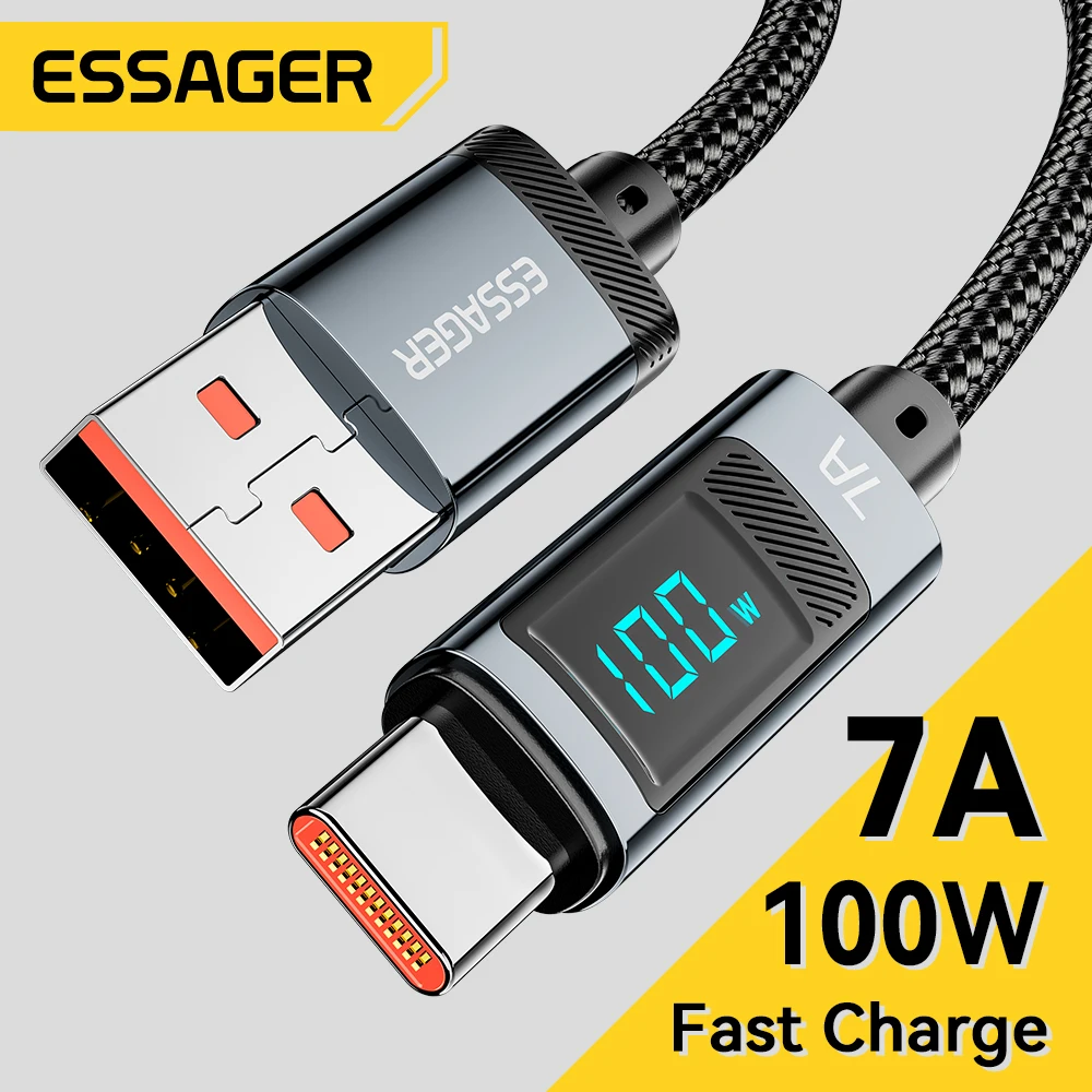 Essager 7A 100W USBA a tipo C Cable de carga súper rápido Cable de datos de nailon para iPhone Xiaomi Samsung con Cable de pantalla Digital Led