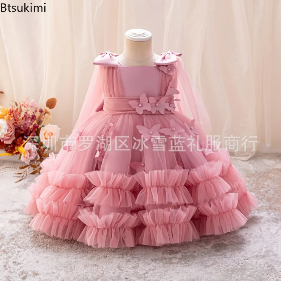 Girls Three-dimensional Butterfly Princess Dress 1-6 Years Old Baby Pearl Bow Tutu Skirt Carnival Birthday Party Evening Dress