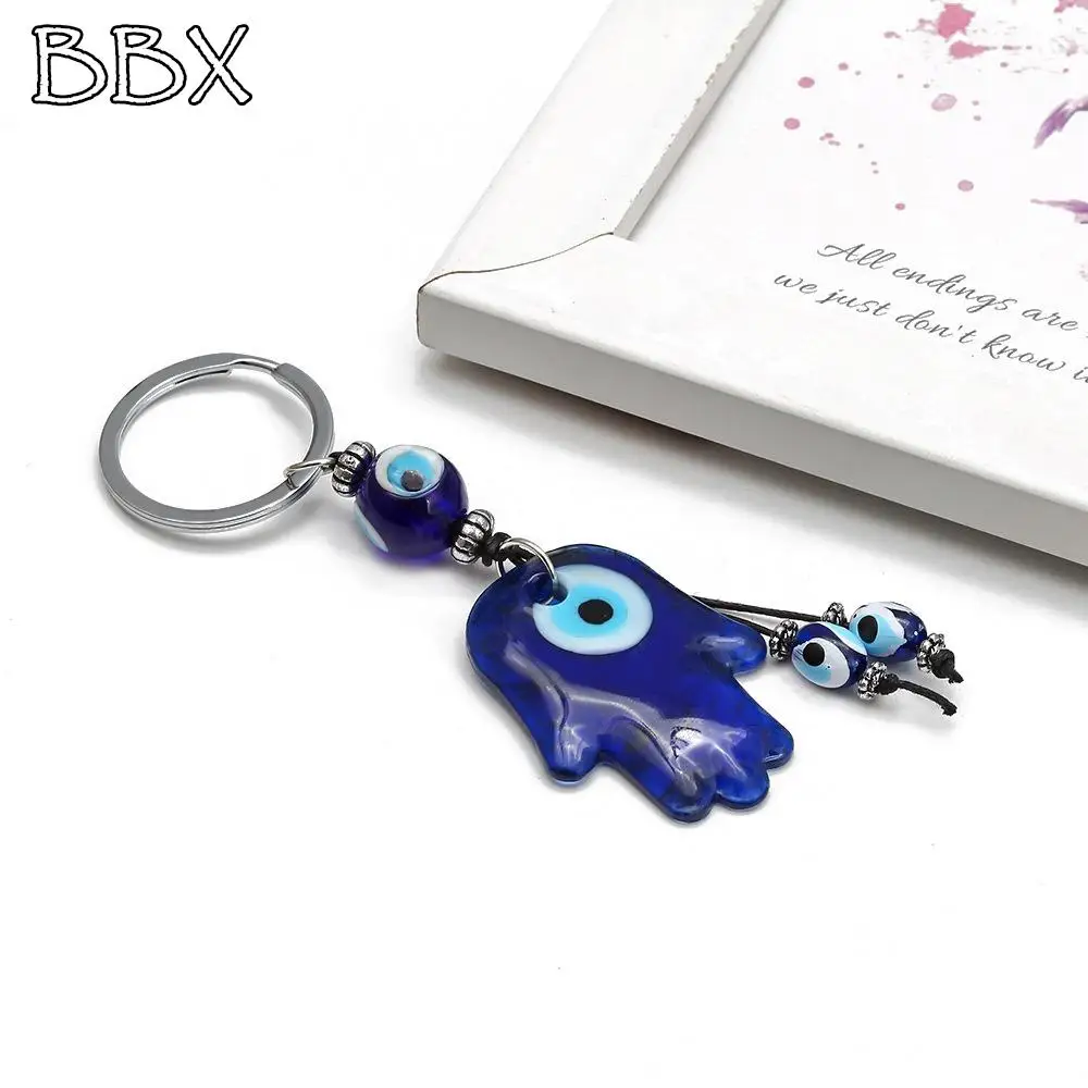 

Creative Vintage Bule Palm Good Lucky Feather Key Ring Car Key Pendant Demon Eye Key Chain Ornament