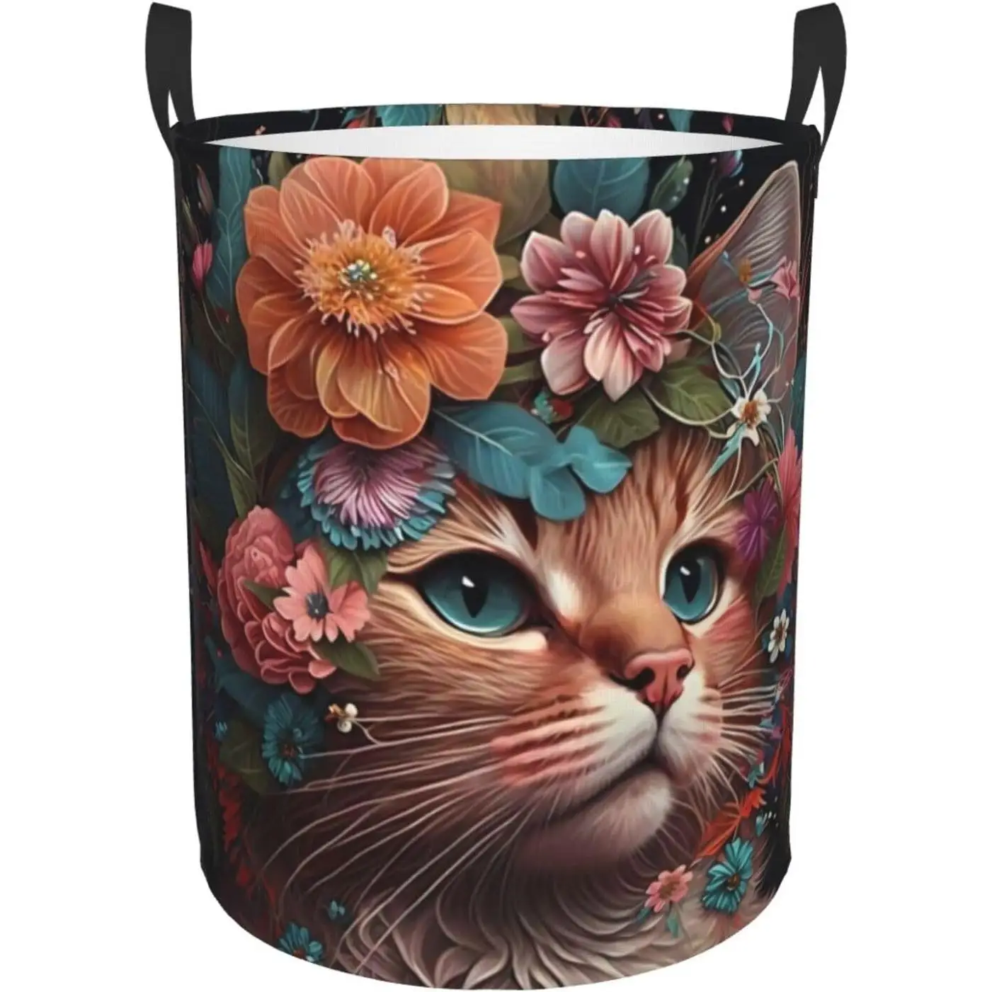 

Flower Crown Cat Print Laundry Basket Circular Laundry Hamper With Handles Waterproof Dirty Clothes Storage Basket For Bedroom