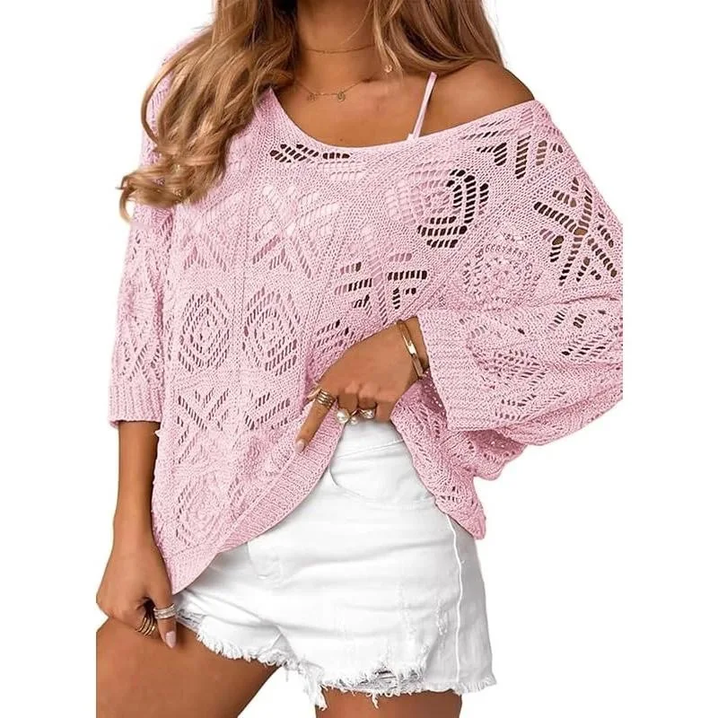 Athleisure Oversized Turtleneck Sweater Summer Crochet Womens Spring Hollow Out 3/4 Sleeve Off лонгслив Pullover Sweater женский