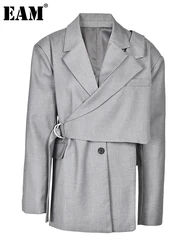 EAM-Blazer gris irrégulier grande taille pour femme, veste décontractée à revers, manches longues, adt Fit, mode printemps automne 2024, 17A535902