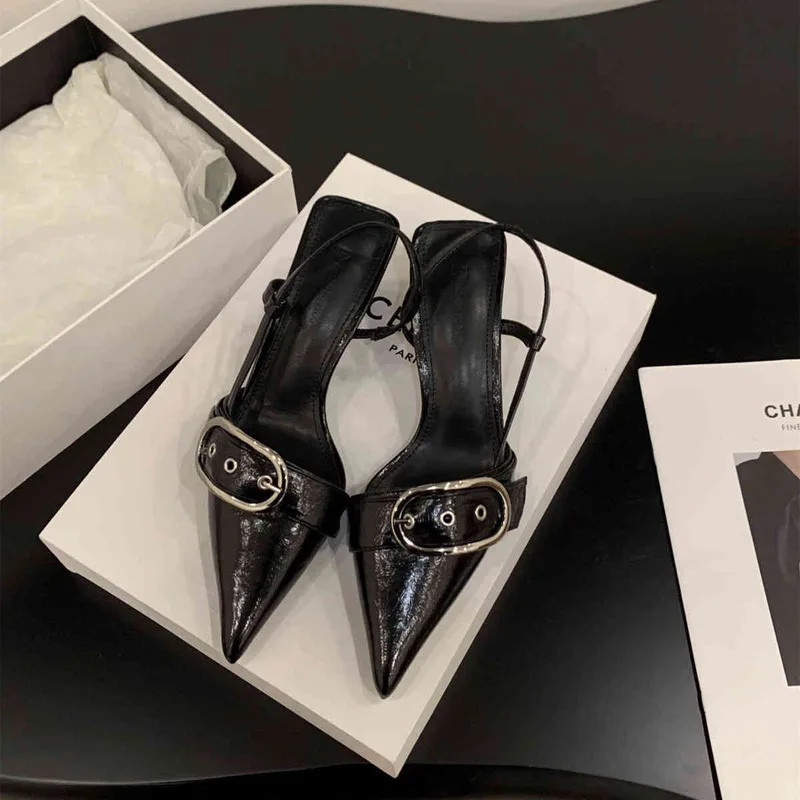 

Women Summer Punk Goth Metal Buckle High Heels Sandals Elegant Pointed Toe Silver Party Shoes French Style Thin Heels Sandals