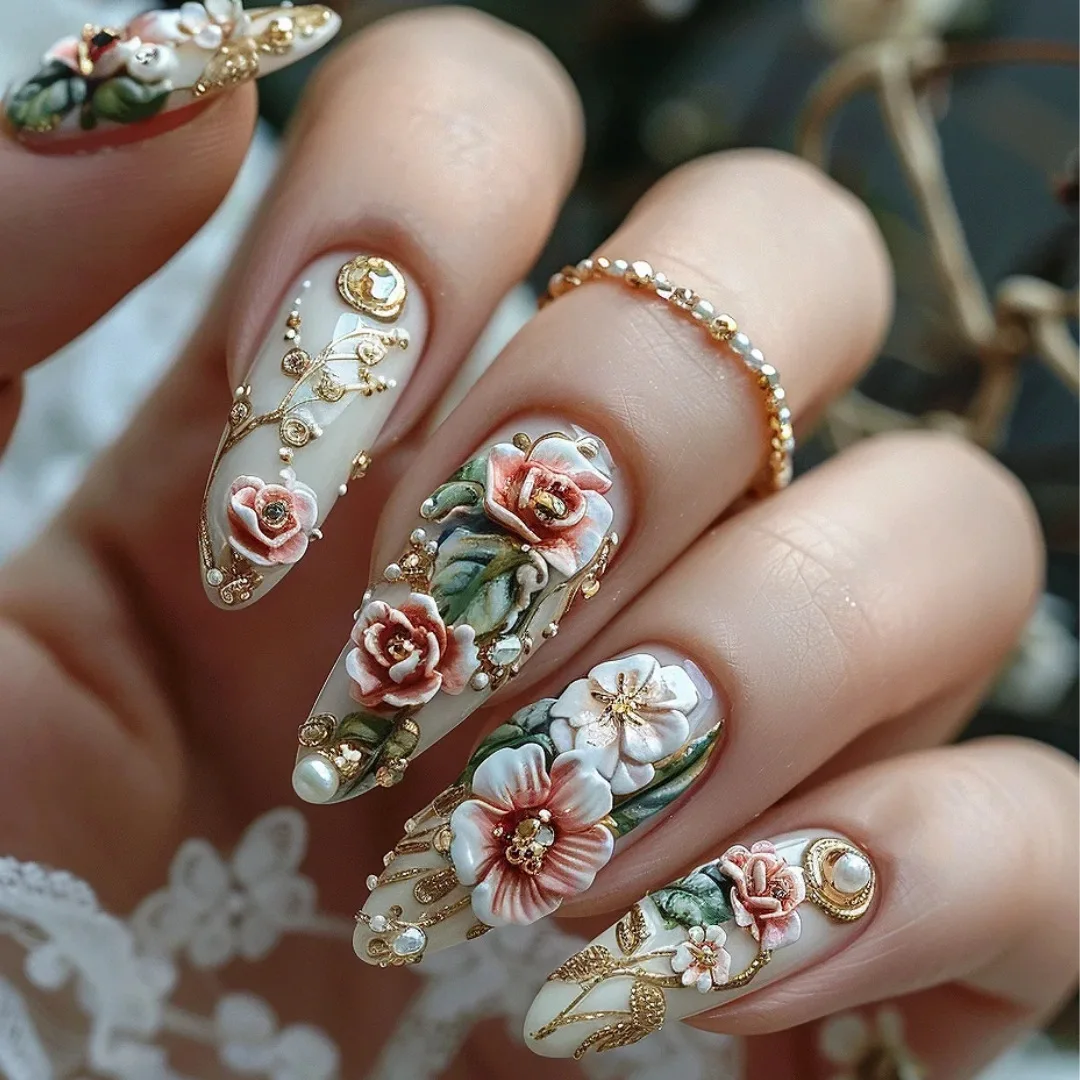 24Pcs Mid-length Almond Fake Nails Luxury Retro Flower Design Press on Nails Art Detachable Finished Full Cover False Nails Tips 3