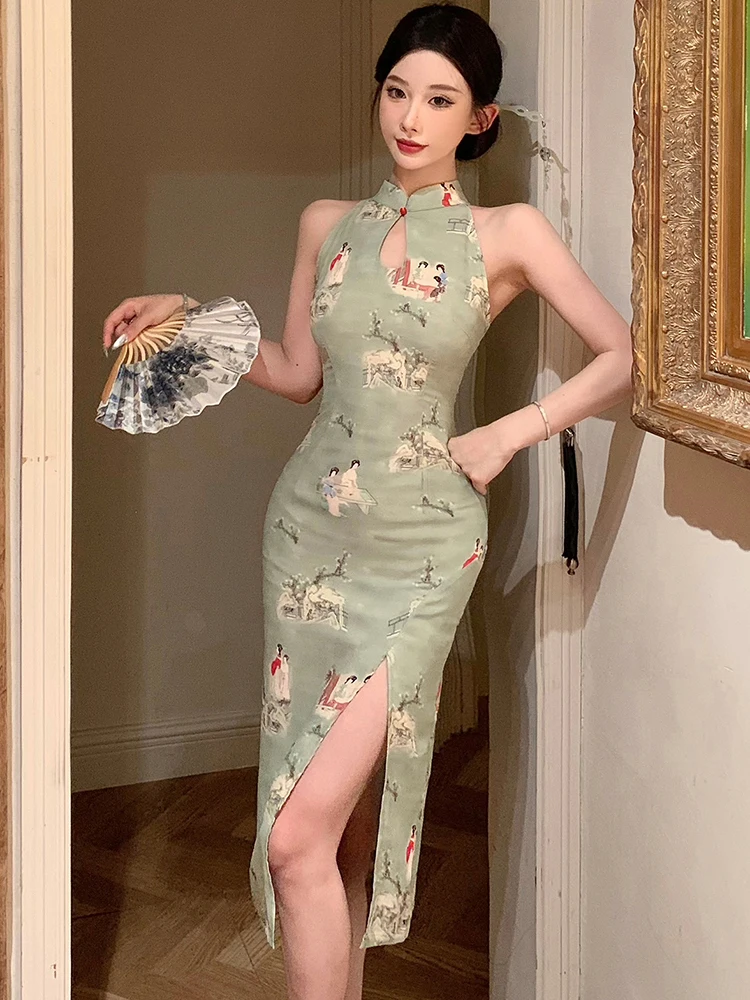 2024 New Green Print Hollow Out Stand Collar Midi Dress Summer Elegant Bodycon Slit Dress Women coreano Vintage Luxury Prom Dress