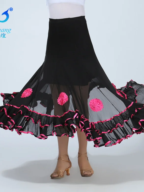 Falda de baile de salón de doble cubierta para mujer, gran Swing Flower, falda larga, vals moderno, Tango, ropa de baile Social, vestidos, disfraz de escenario