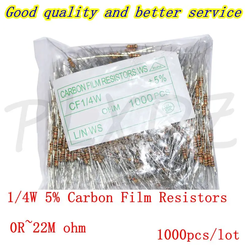 1000pcs 1/4W Carbon Film Resistor 5% 0R ~ 10M 0R 10R 100R 220R 330R 1K 2.2K 3.3K 4.7K 10K 22K 47K 100K 1M 0 10 100 220 330 ohm