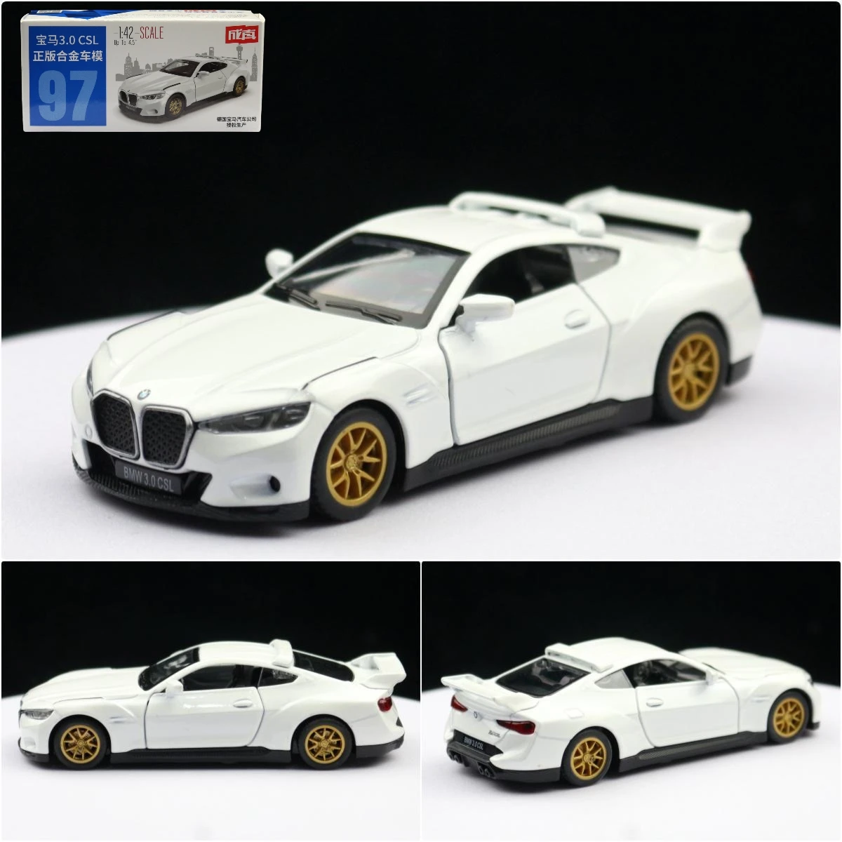 1/42 BMW 3.0 CSL Racing Toy Car Model CCA Diecast Metal Miniature Pull Back Doors Openable Collection Gift For Children Boys Kid