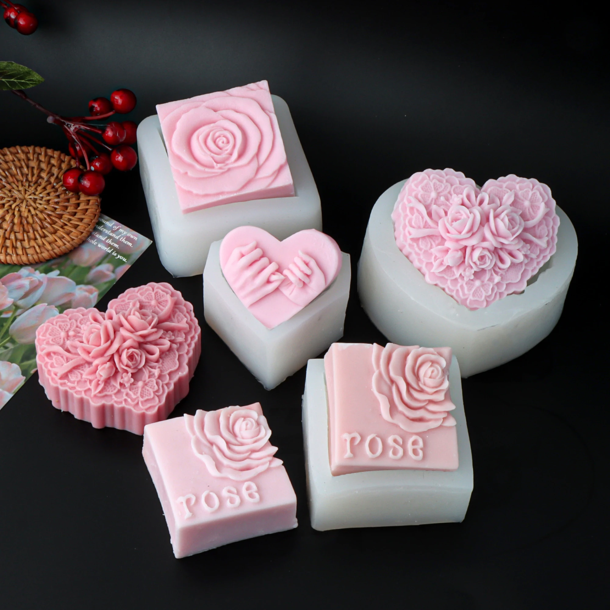Rose heart shaped silicone soap mold DIY handmade rose love cake chocolate baking mold scented candle soap handicraft production