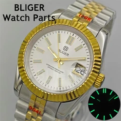 BLIGER 36mm/39mm Men Watch NH35 Automatic Movement Luxury Two Tone Gold Case Bracelet White Dial Green Luminous Sapphire Glass