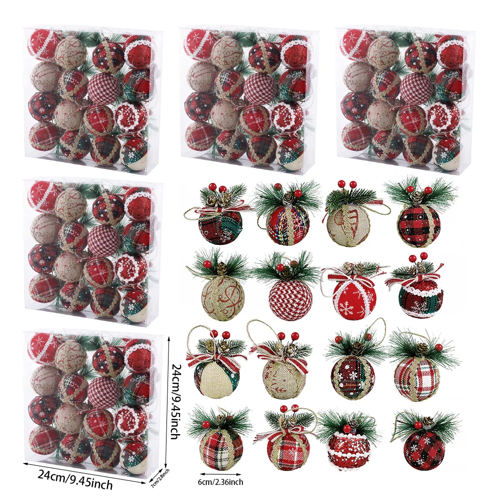 8/16pcs 6cm Christmas Ball Artificial Pinecone Red Green Plaid Wrapped Cloth Foam Ball for Xmas Tree Decoration Hanging Pendnats