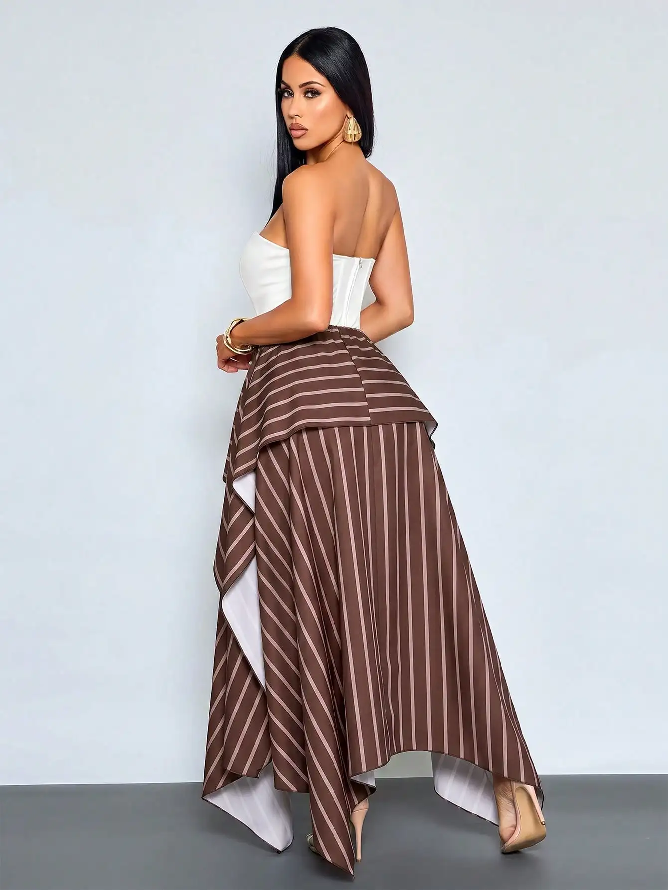 SOLERSUN Women's Casual And Elegant Brown Striped Deconstructed Double-Layered Asymmetrical Midi Skirt, Suitable For Everyday Wear, Vacations, Casual Shopping, And Summer Fashion. Saint Festival Women's Clothing Brown Striped Midi Skirt. (Random Floral)