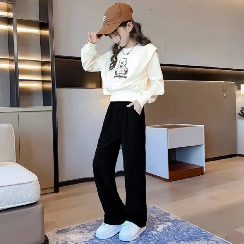 2026 Spring Autumn Girls Cartoon Cropped Sweatshirt+Straight Pant Contrast Sets School Kids Tracksuit Children 2PCS Outfit