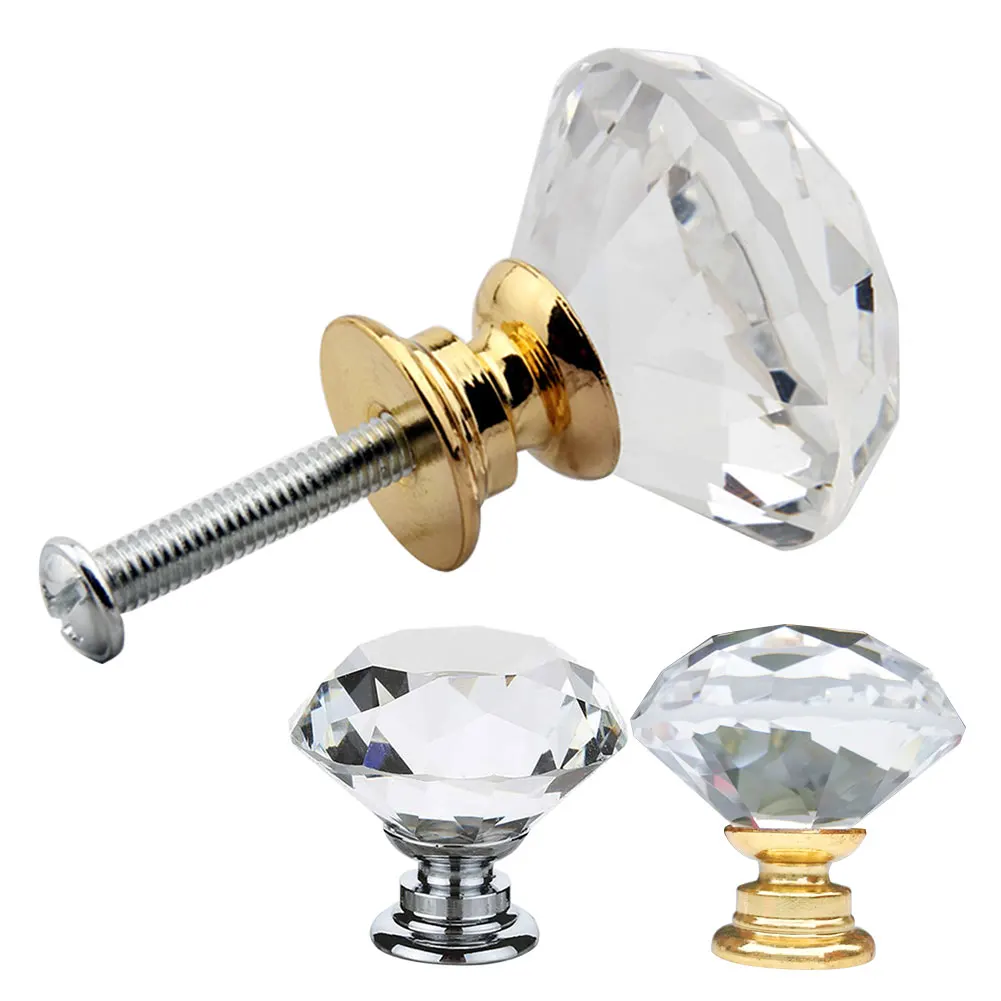 1/10pcs 20-40mm Gold Silver Base Diamond Shape Crystal Glass Knobs Clear Cupboard Pulls Drawer Knobs Kitchen Cabinet Handles