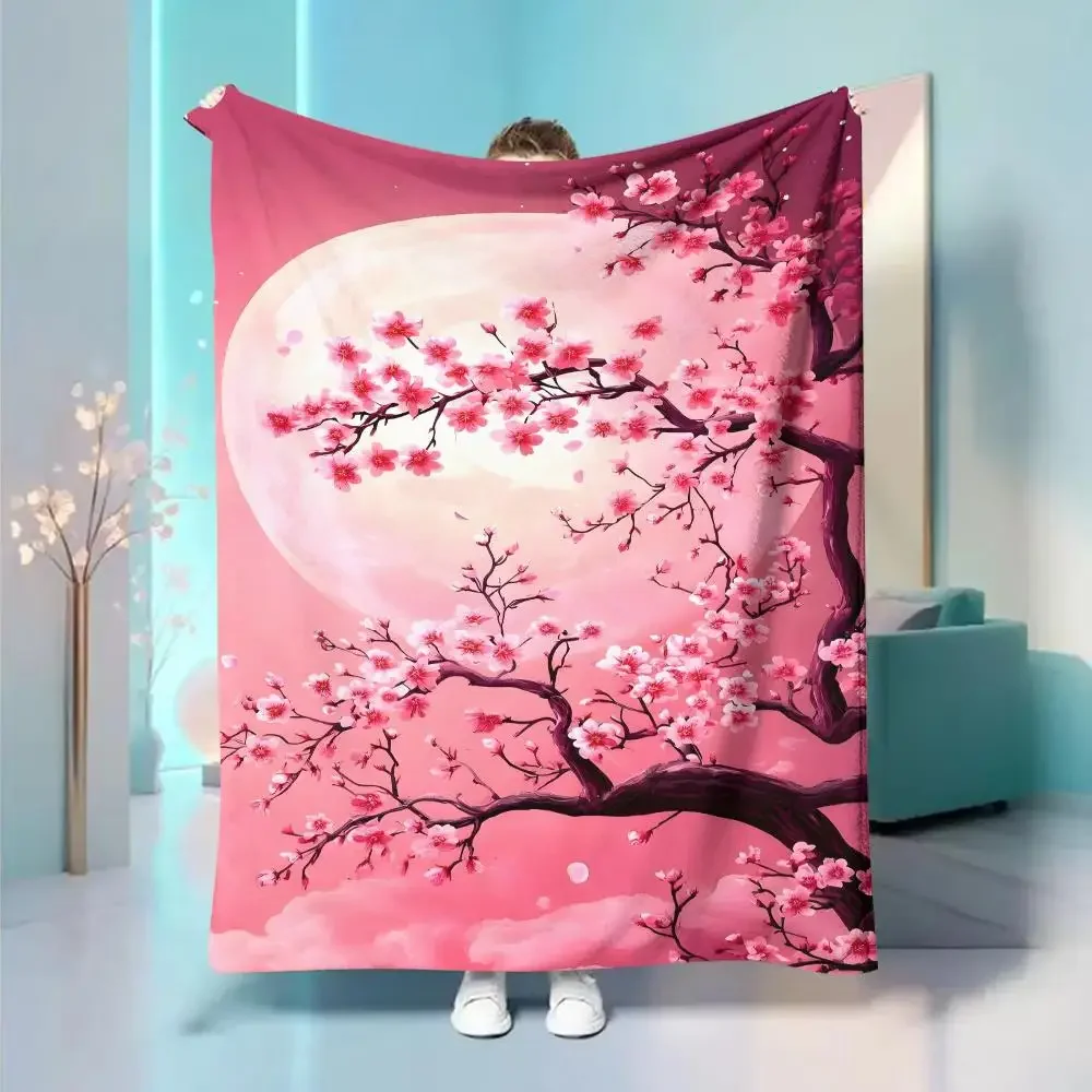 

Pink Cherry Blossom Flannel Printed Blanket AllSeason Use for Living Room Office Sofa Travel
