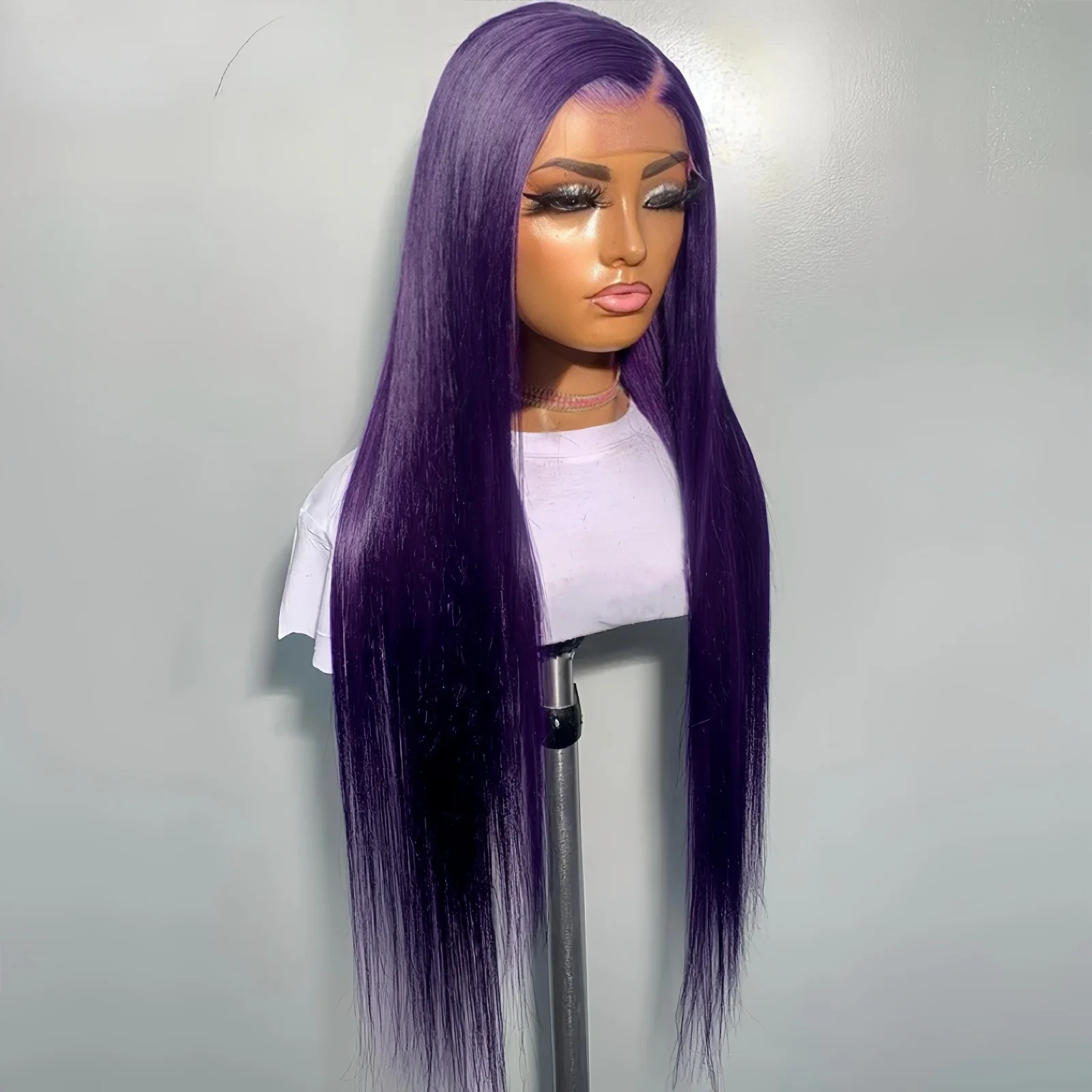 ダークパープルのロングシルキーストレート合成ヘア、フリーパート、接着剤不要、13x4レースフロント、カラーウィッグ、女性用、デイリー、パーティー、コスプレ