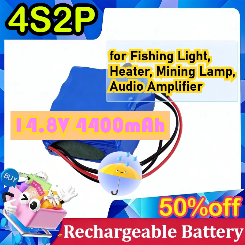 

Литиевая аккумуляторная батарея 14,8 В, 4400 мАч, 4S2P с зарядным устройством 16,8 В для рыболовного фонаря, обогревателя, шахтерской лампы, аудиоусилителя