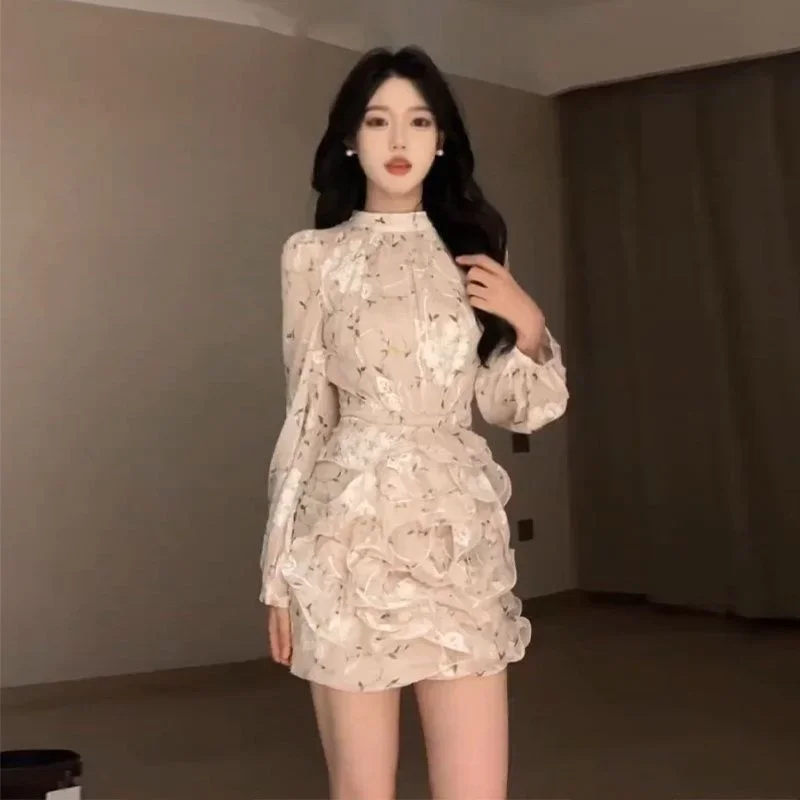 新作高級ファッションミニドレス レディース 花柄プリント ロングスリーブ スリムウエスト シャーリングシフォンドレス フリル付きワンピース 秋物
