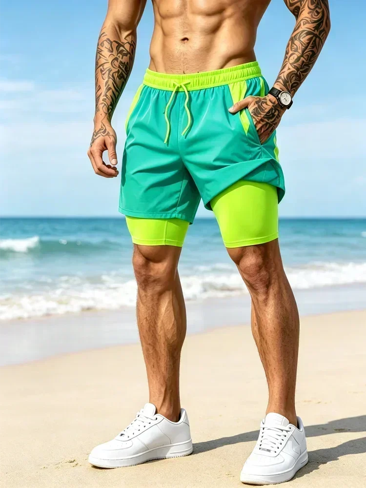 2-in-1 Herren Badeshorts, doppellagig, schnelltrocknend, mit Innentasche, Handytasche, elastischem Kordelzug, Sport- und Laufshorts – Detail 6