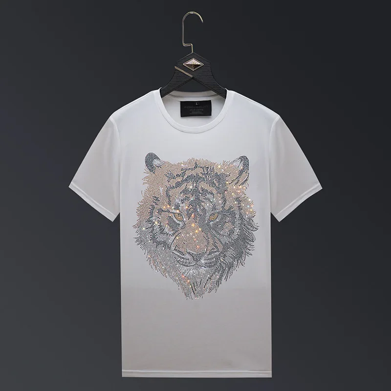 Rhinestones Tiger Cartoon T Shirts Men Summer Clothes Fashion O Neck Short Sleeve Thin Cool T-shirts