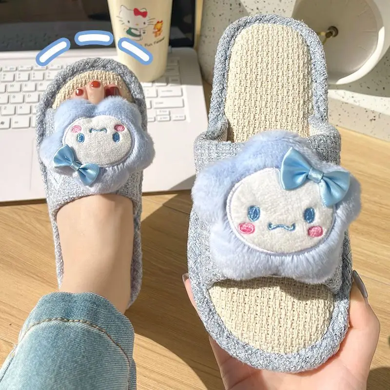 

New Sanrio Hello Kitty Slippers for Women Kawaii Linen Cotton Home Shoes Thick Soft Sole Nonslip Outdoor Four Seasons cartoon