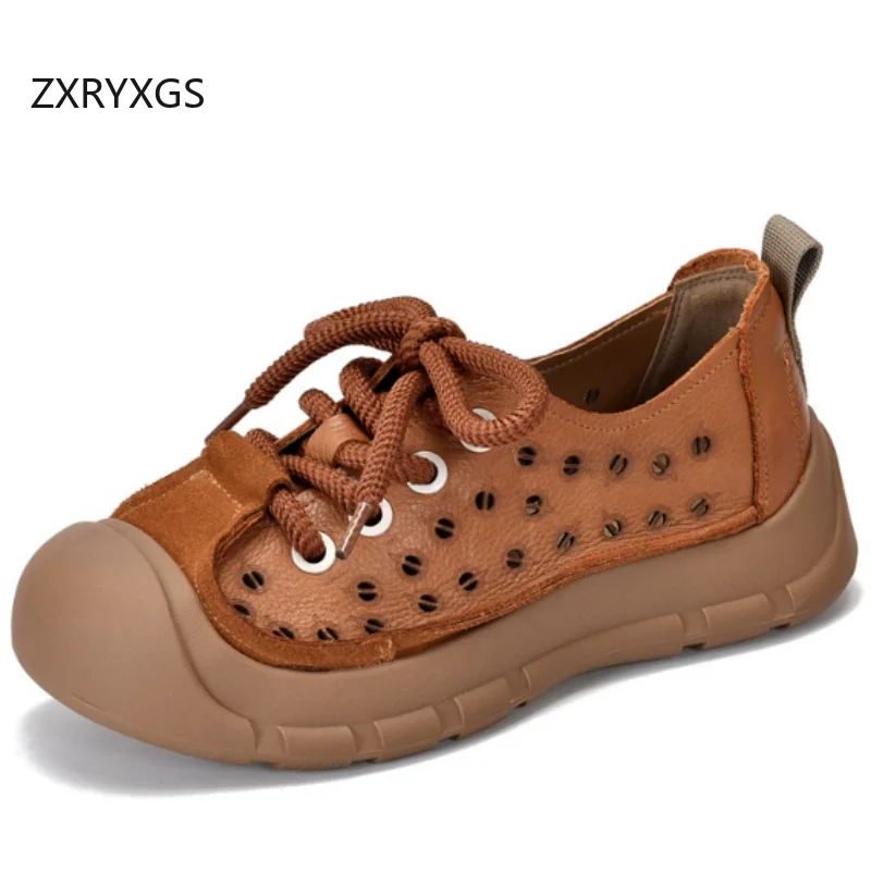 

ZXRYXGS Top Cowhide Hollow Shoes Women Full Real Leather Sneakers Flats 2026 New Lace-up Breathable Travel Shoes Casual Sneakers