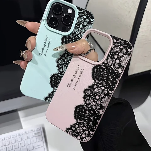 Чехол для телефона с черным кружевным узором «Личи» для iPhone 17, 17 Air, 16E, 15, 14, 13, 11, 12, 16 Pro Max, противоударный, мягкий