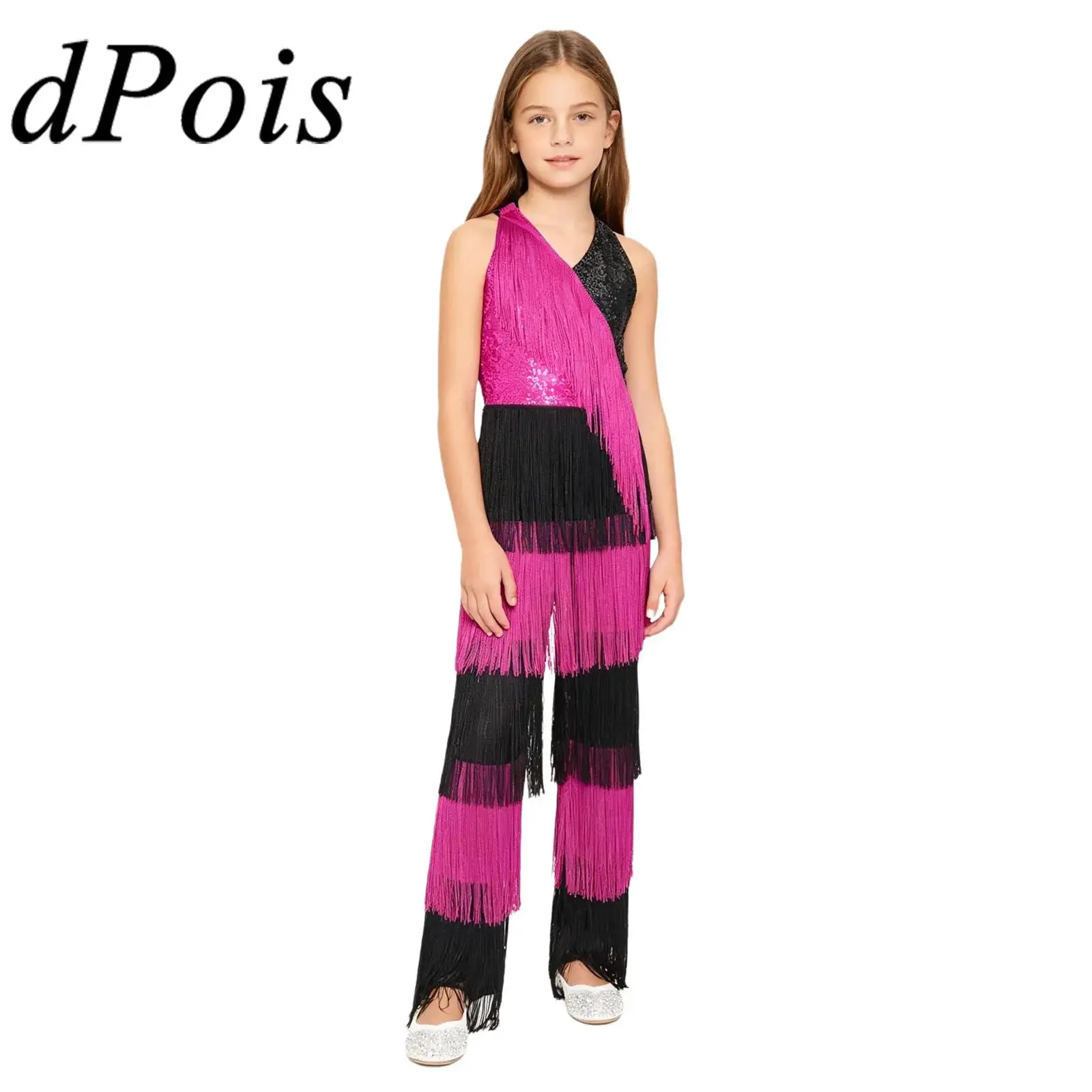 

Children Girls Latin Dance Bodysuit Halter Fringed Tassel Romper Sequin Jumpsuit Chacha Performance Dancewear Disco Costume