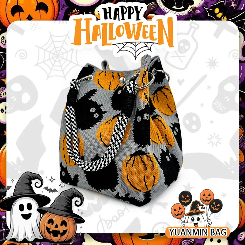 Christmas & Halloween Gift Retro-Chic Pumpkin & Black Cat Pattern Lightweight Knitted Tote Bucket Bag Versatile Commuter Style