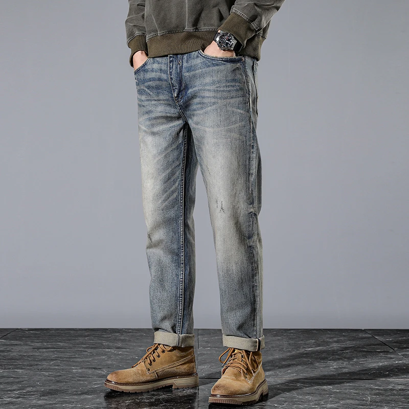 

99% Cotton Men's Heavyweight American Vintage Distressed Washed Jeans 2025 SS Korean Slim Straight Tapered Denim Pants