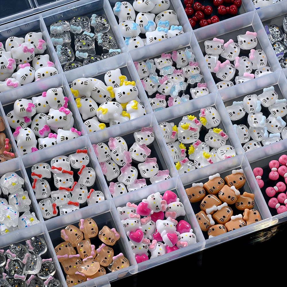 12/24grids 3D Mixed Cartoon Glitter Hello Kitty Head Nail Charms Pink/Blue/Red Bow Kawaii Kitty Nail Rhinestone DIY Nail KT Part
