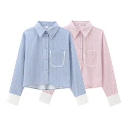 Tangada 2024 Women Blue Striped Crop Shirt Long Sleeve Chic Female Oversized Shirt Tops PS074