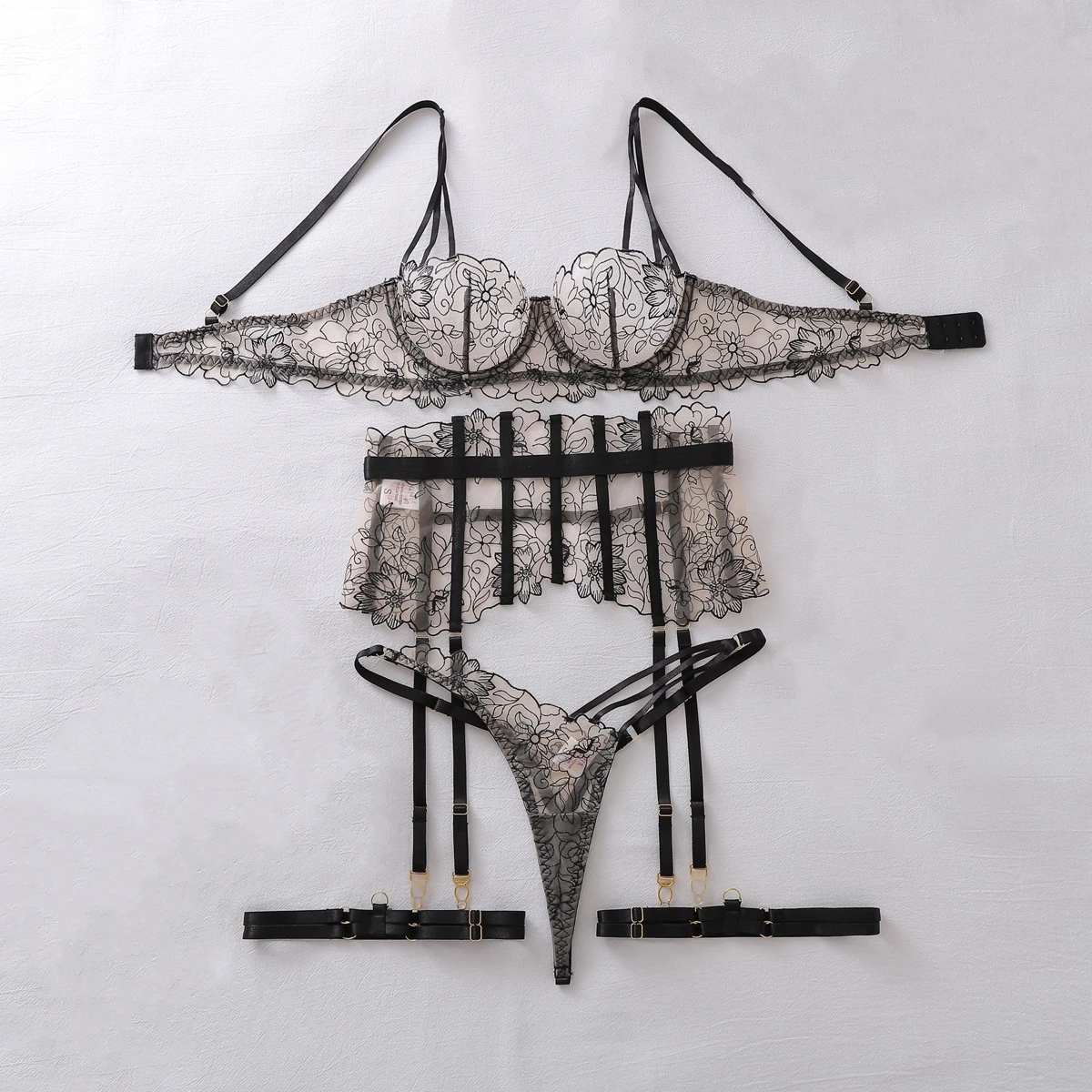 

2026 Fashion Floral Sheer Embroidery Lingerie Womens Sexy Thin Corset Garter Body Shaping Underwear Female See Through Split Set